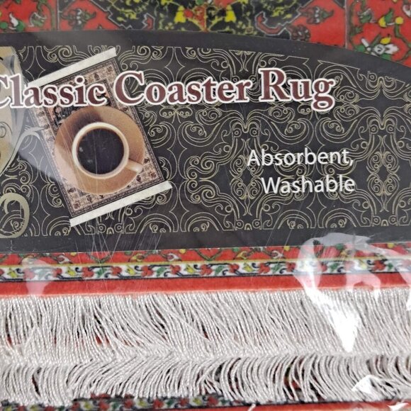 Arabic Rug Set of 4 Drink Coasters Red Black Green White Fringed Ends NWT - Picture 3 of 5